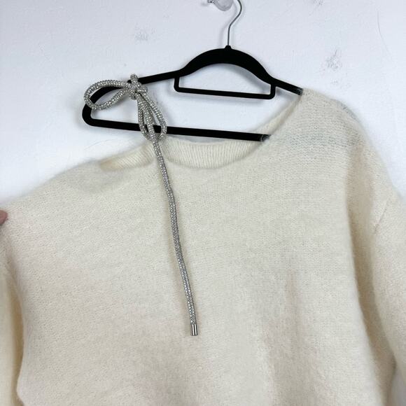 ROCHA ROMA Straight Neck Rhinestone Bow Off-The-Shoulder Alpaca Sweater Cream - Picture 8 of 15
